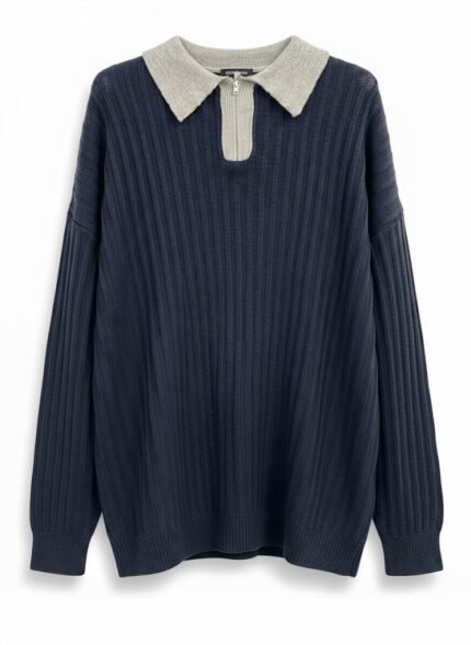 Navy blue wool sweater with a white collar.