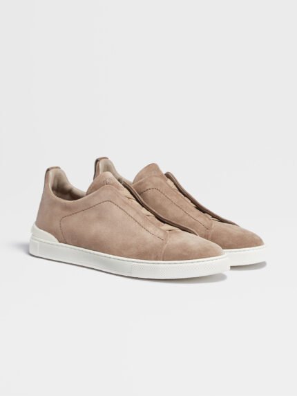 Zegna beige suede triple-stitched sneakers