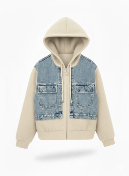 Hooded Pocket Denim Sweatshirt-beige