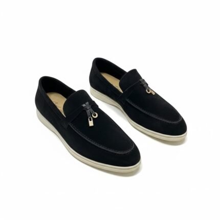 XTENNA Summer Walk , Loafers Black Suede Slip On Flat Shoes Metal Lock Tassel Leather Causal Driving Mules